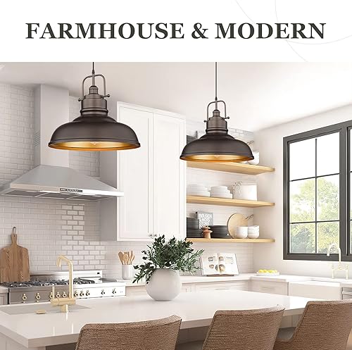 Miniatura 5 de zeyu Lámpara colgante de granja de 17.7 pulgadas para isla de cocina, lámpara colgante de techo grande con pantalla de cúpula de metal, acabado de