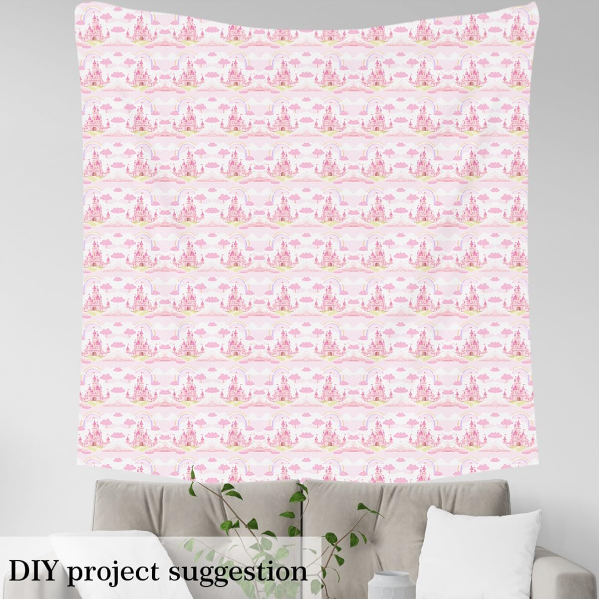 Feelyou Castle Fabric by The Yard Kids for Kids Boys Girls Dreamy Upholstery Fabric for Chairs 5 Yard Princess Waterproof Outdoor Fabric Light Pink Reupholstery Fabric Decor Rainbow