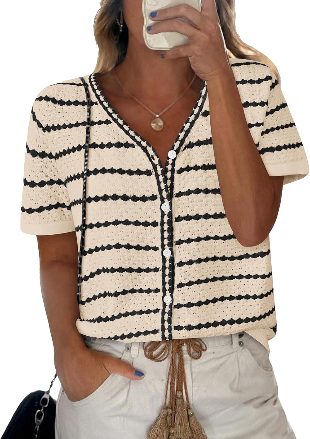 NALANISA Short Sleeve Sweater for Women Button Down Crochet Knit Striped Summer Tops Dressy Casual Blouses Trendy 2026 (Apricot,S)