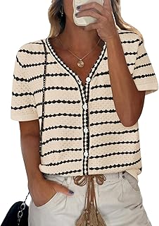 Women's Short Sleeve Sweater Spring Summer Crochet Knit Tops 2025 V Neck Striped Button Down Dressy Casual Blouses - Buy now