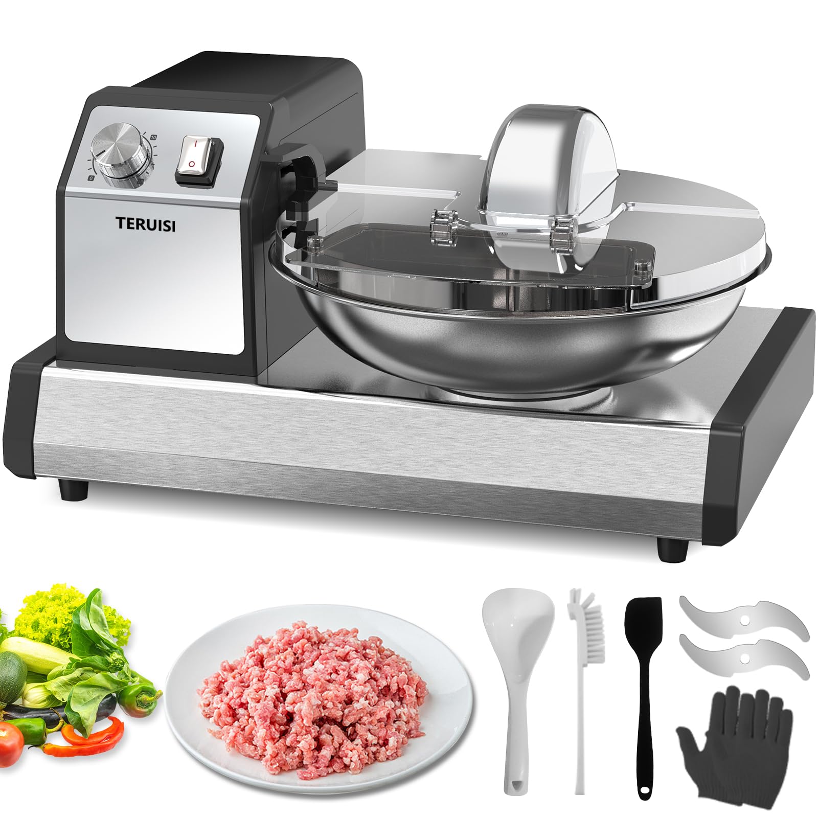 TERUISI Commercial Food Processor, 250W Heavy Duty Electric Meat Grinders with 1500RPM Blade Speed, 6QT Stainless Steel Food Bowl and 0-15 Mins Timer, Commercial Vegetable Chopper Food Mixer Machine