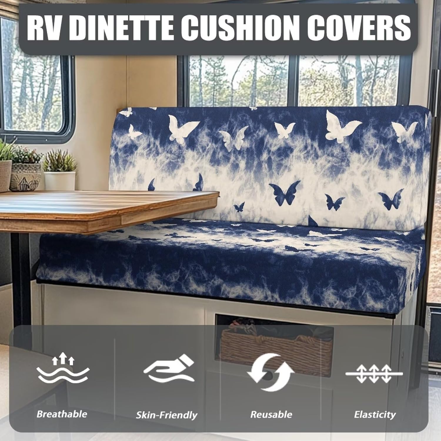 Rv Dinette Cushion Covers Set of 2 Butterfly Camper Accessories for Inside Smooth Elastic Slip Covers with Elastic Band for Rv Furniture Couch Bench for Home with Kids and Pets
