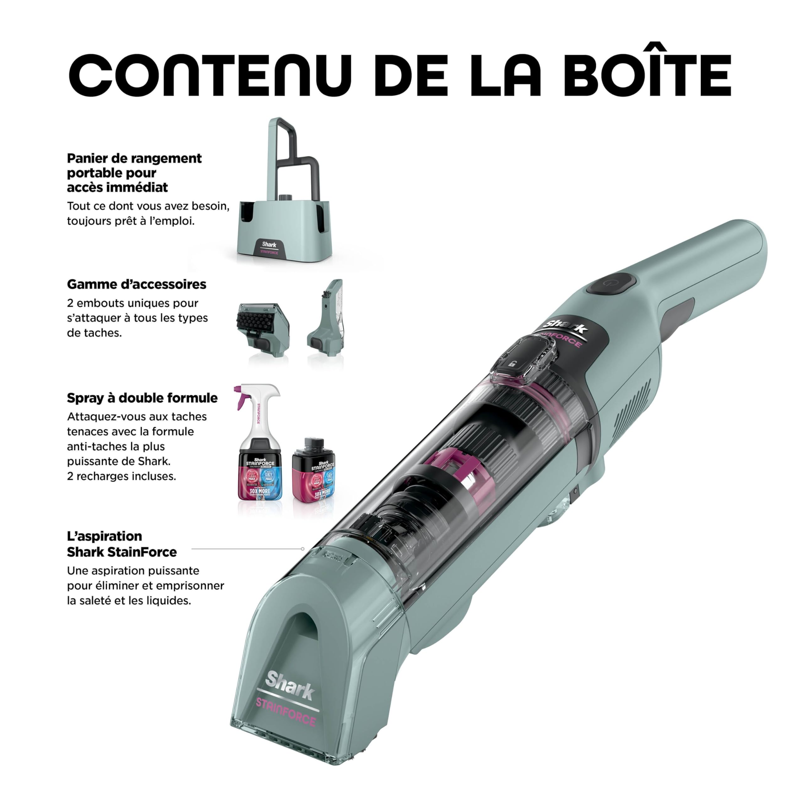 Nettoyeur de tâches sans fil Shark StainForce taches et odeurs, léger, portable, détachant pour tapis, tissus d’ameublement, voitures, panier de rangement, accessoires, formule nettoyante, HX100EUCP