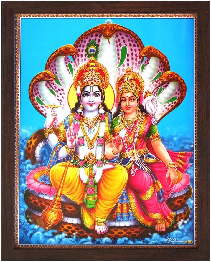 Handicraft Store Lord Vishnu & Maa Laxmi Appearing from Snake and Giving Blessings, a Poster Painting with Framing, Must for Hindu Religious and Worship Purpose
