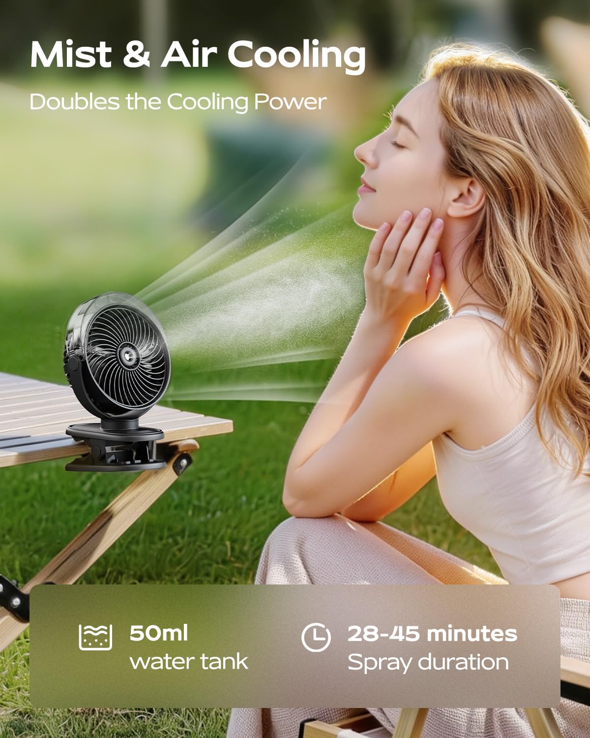 SWEETFULL Ventilateur brumisateur portable à clipser, rechargeable par USB-C, mini ventilateur de refroidissement personnel avec 4 vitesses, rotation à 360°, refroidissement silencieux pour extérieur