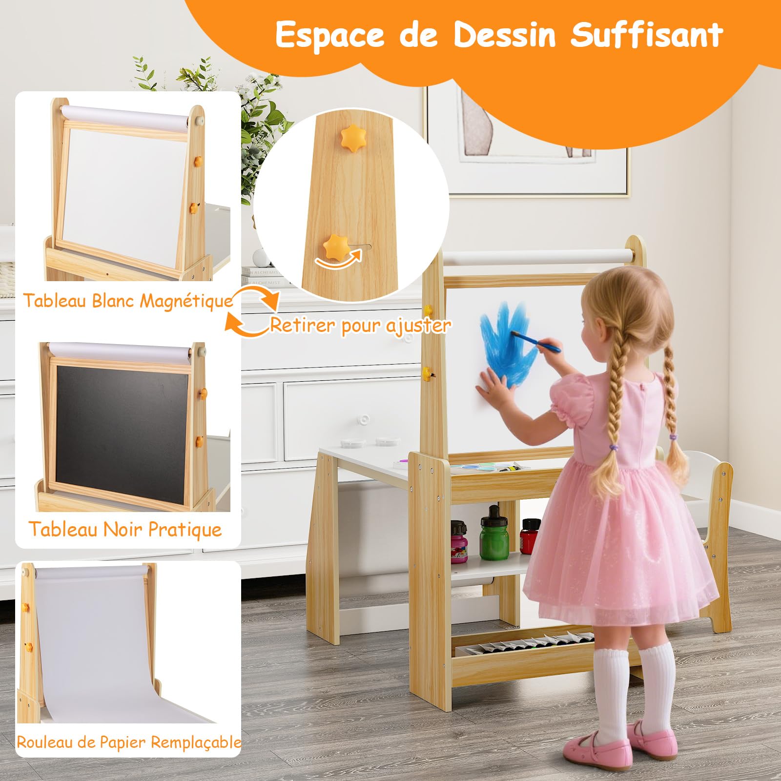 COSTWAY Table Enfant avec Chaise & Tableau Noir & Tableau Blanc, Table à Dessin avec 2 Étagères Ouvertes & Bibliothèque, Rouleau de Papier, Bureau Enfant avec Rangement, Chevalet pour 3 Ans+ (Naturel)