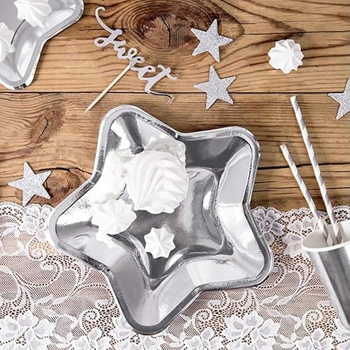 Miniatura 2 de Rgontar 20 platos de papel de estrella plateados, platos de papel desechables de pentagrama de 7 pulgadas para aperitivos, postres, suministros de