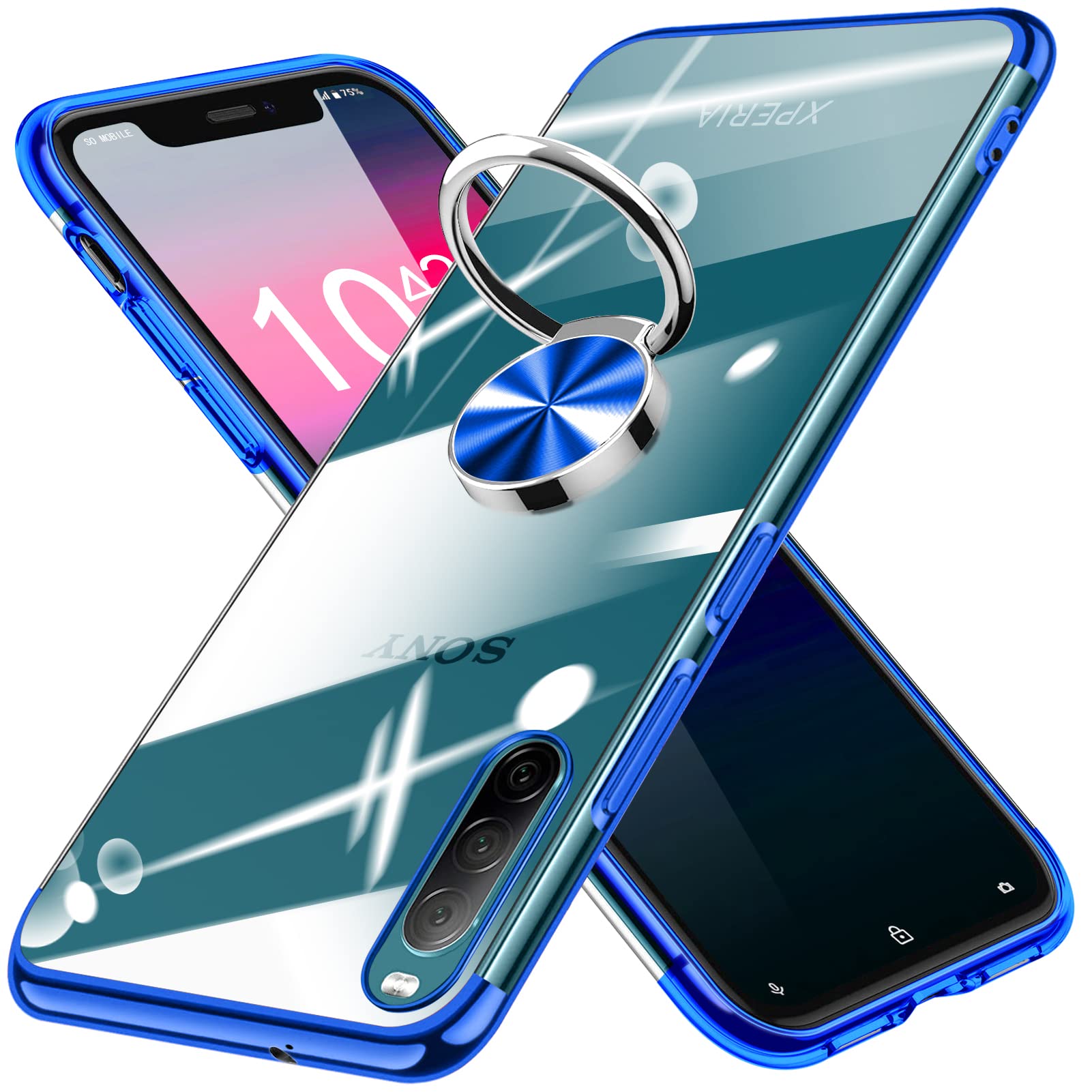 Xperia 10 II 用 ケース クリア リング付き 耐衝撃 TPU バンパー メッキ加工 SOV43 SO-41A 専用保護カバー 透明 軽量 薄型 指紋防止 車載ホルダー エクスペリア 10 IIカバー 青 MD-DDZH-09-03-CP
