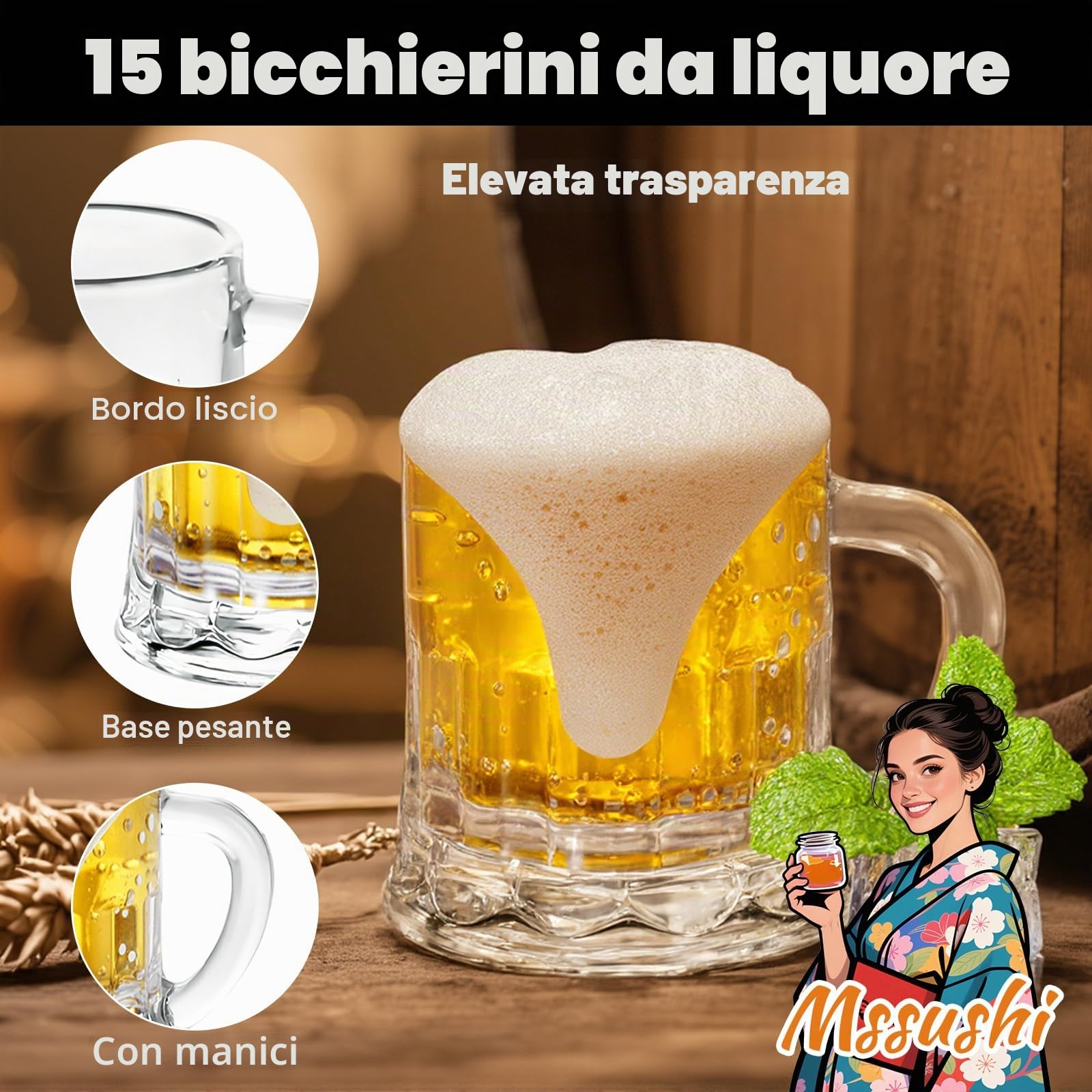 Mssushi 15 pezzi Bicchieri da Shottino 30ML Bicchieri con Manico e Collana, Bicchiere da liquore con fondo spesso, Per addio al nubilato Addio al celibato Matrimonio Carnevale Compleanno