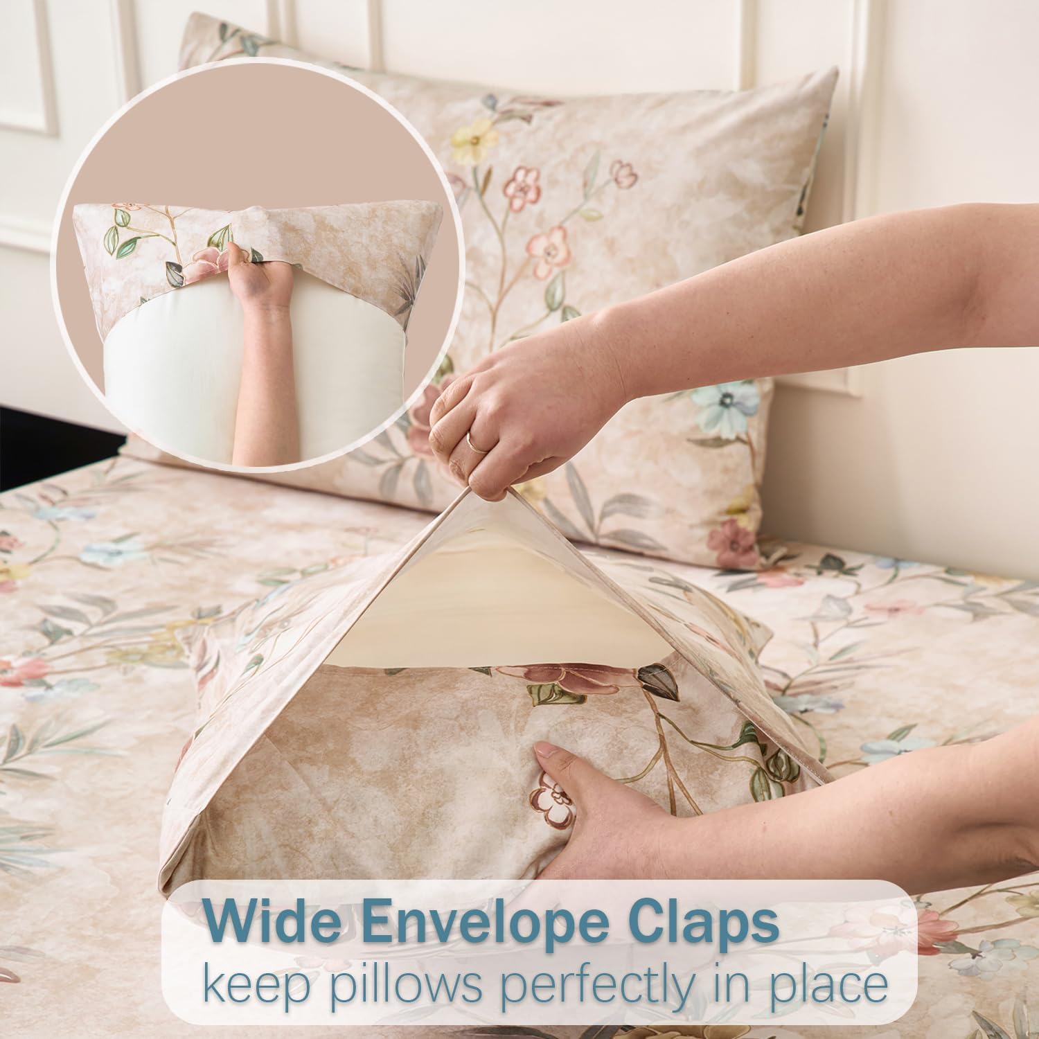 Floral Bed Sheets Queen Size Sheet Set Light Brown 100% Cotton Satin Weave, Yellow Blue Flower Printed Chinoiserie Luxury Shabby Vintage Bed Set with Deep Pocket 17.5", Soft & Breathable,4Pc