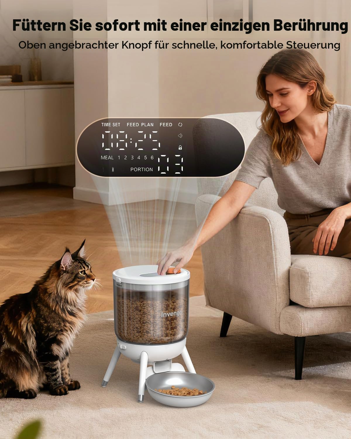 Invengo Katzenfutter Automat, Futterautomat Katze mit Zeitsteuerung, 3L Trichter, Doppelstromversorgung, Trockenfutter Automat für Katzen & Hunde, Katzen Futterautomat, Schwarz (Weiß)