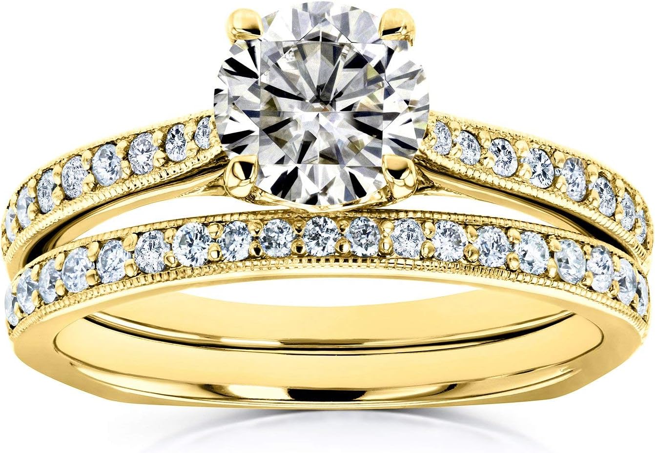 Kobelli Round Moissanite Square European Shank Vintage Style Trellis Bridal Set 1 3/5 CTW 14k Yellow Gold