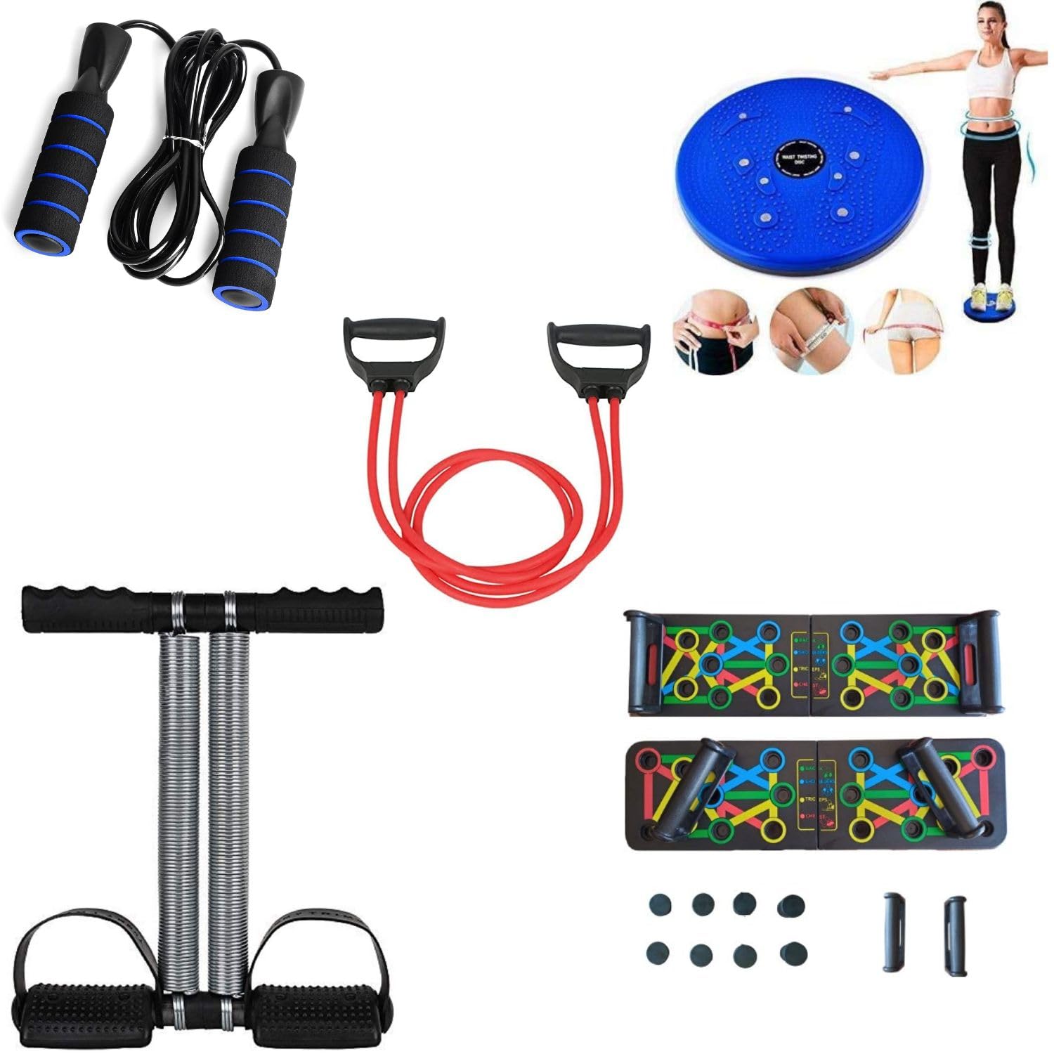 5-in-1 fitness combo set for home workout | tummy trimmer (double spring), foldable push-up board, double toning tube, skipping rope, tummy twister | full body workout kit for men & women