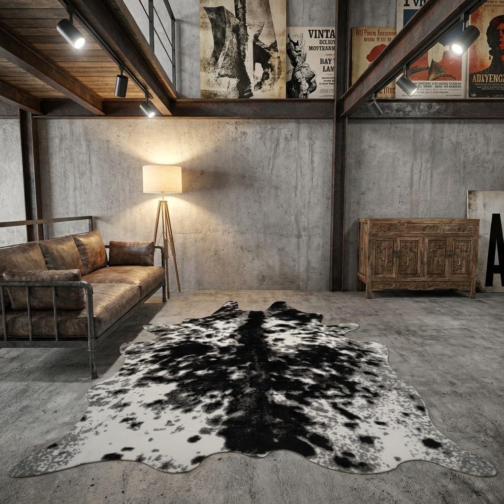 MustMat Faux Cowhide Rug Cow Print Rug Western Cowhide Area Rugs for Living Room (Black and White, 5.2ft x 6.6ft)