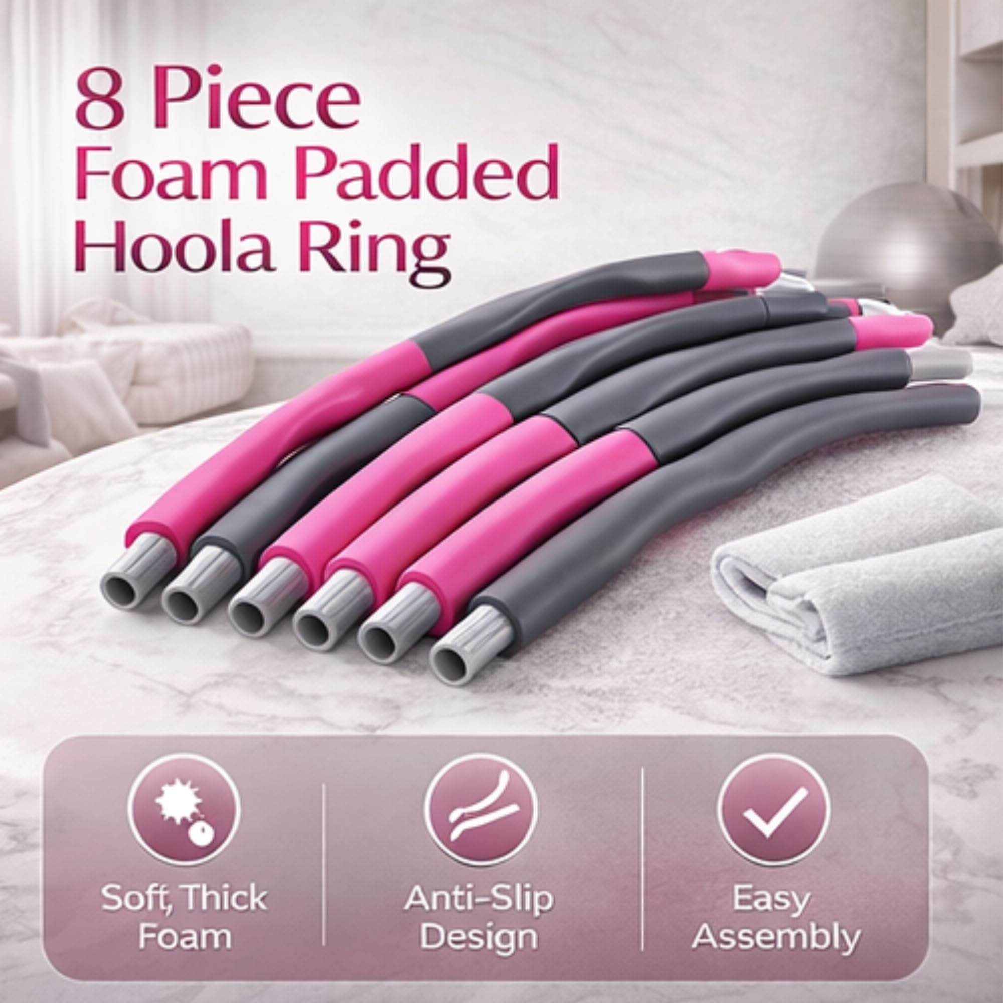 1 KG Weighted Hula Hoop for Adults Fitness Hula Hoop Weight Loss Equipment Hoola Hoops Infinity Exercise Hoops Gym Workout 8 Piece Foam Padded Hoola Ring (1KG Hula Hoop) - Image 6
