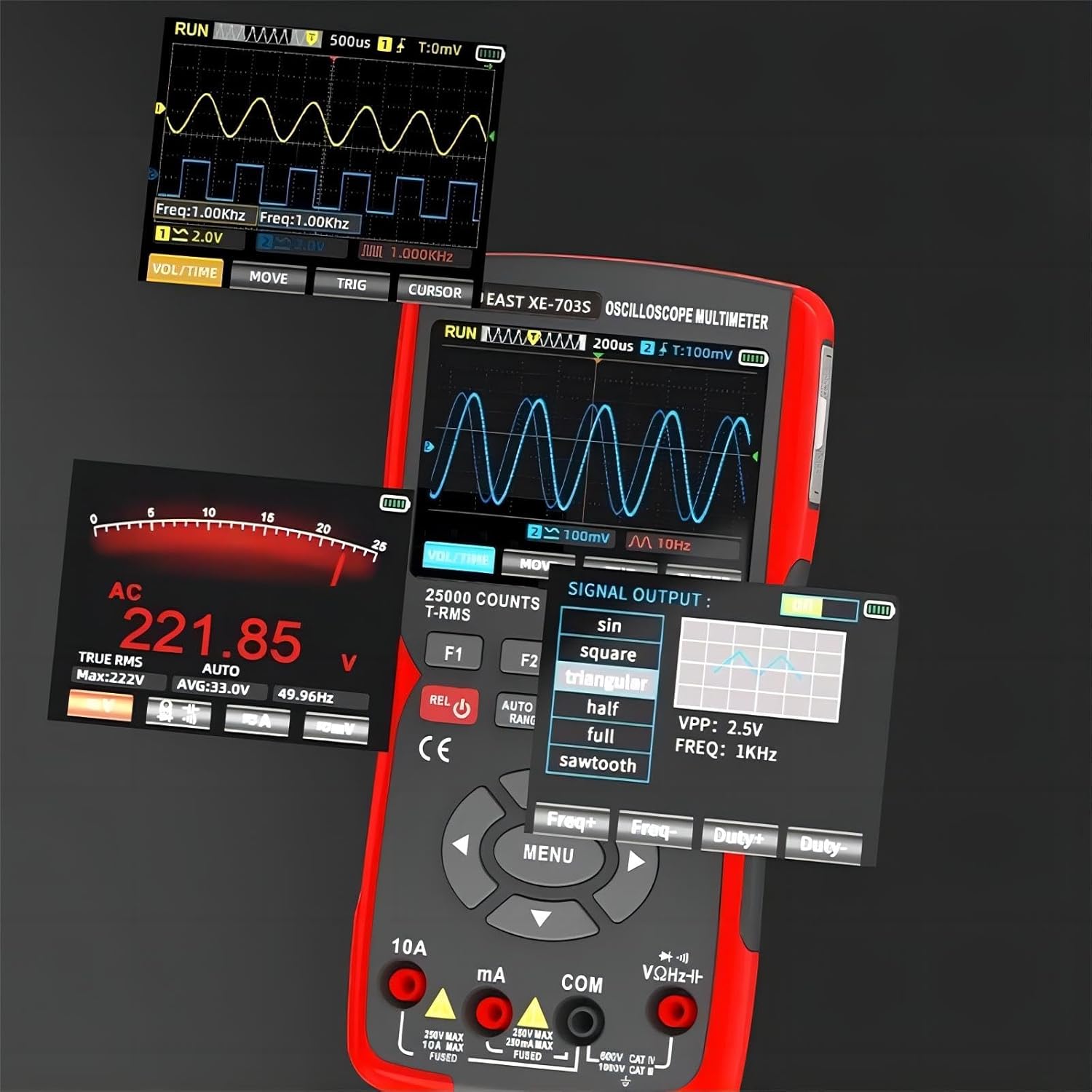50MHz Bandwidth Oscilloscope 2 Channel, 25000 Counts Digital Multimeter, DDS Signal Generator, 3.5 inch LCD Display 3-in-1 Tester, 280MSa/s High Sampling Professional Oscilloscope