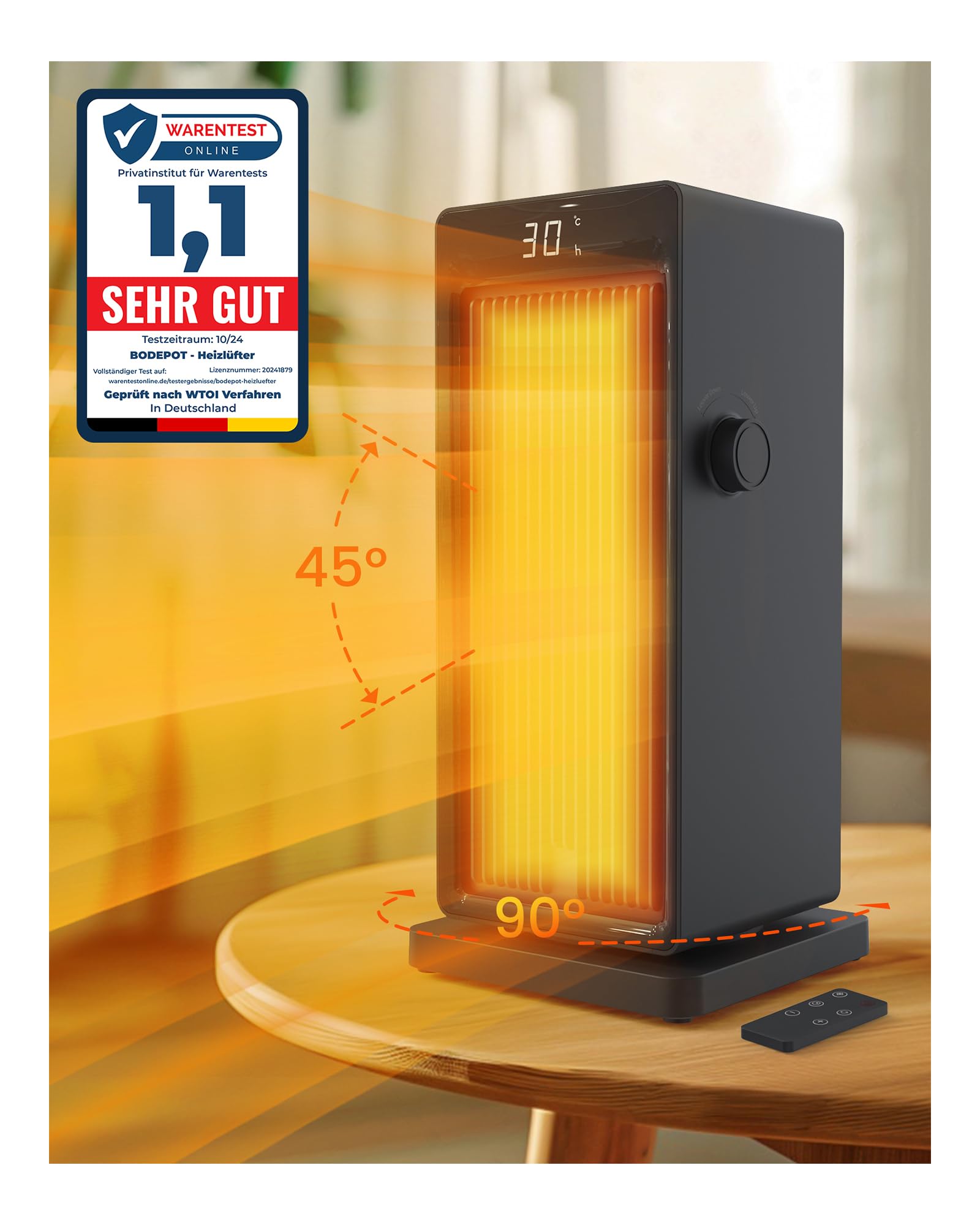 Heizlüfter Energiesparend, 2000W ECO Heizlüfter Leise, 24h Timer Heizlüfter Klein mit 90°Oszillation und 45°Auf-/Ab-Windverstellung