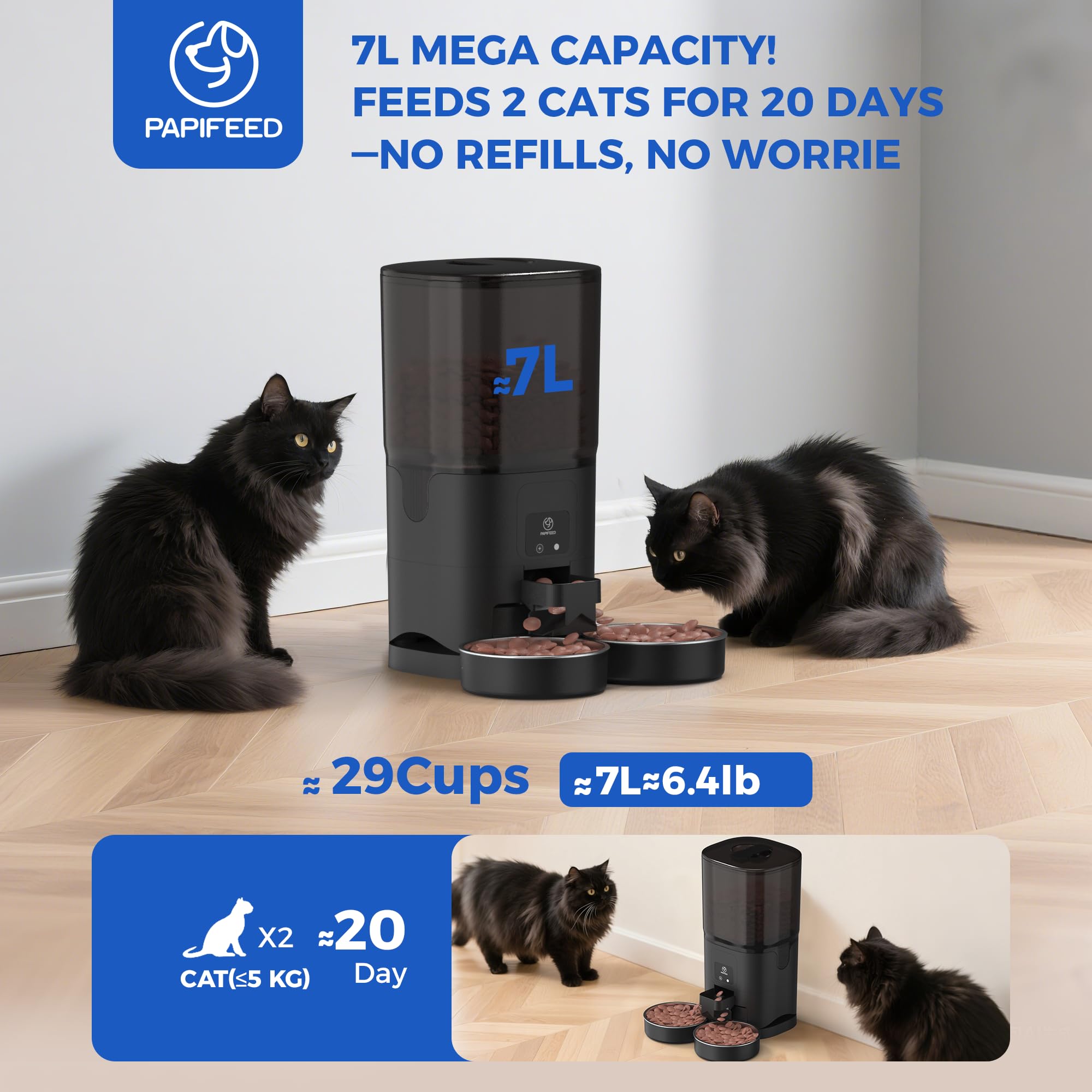 PAPIFEED 7L Automatic Cat Feeder for 2 Cats - 2.4G WiFi Timed Auto Feeder with APP Control, Cat Food Dispenser with Alexa for Multiple Cats, Detachable for Easy Clean, 1-10 Meals Per Day - Black