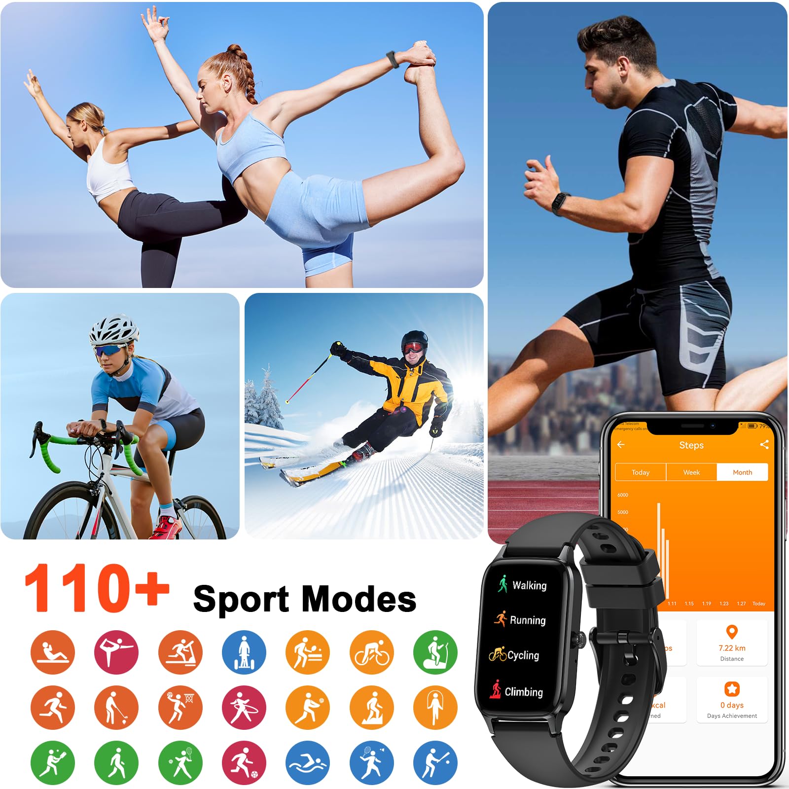Smartwatch Uomo Donna, 1.57" Orologio Fitness con Effettua/Risposta Chiamate,110+ Sportive Modalità Fitness Tracker, Contapassi/Sonno/Cardiofrequenzimetro, Impermeabil IP68 Smart Watch per Android/iOS