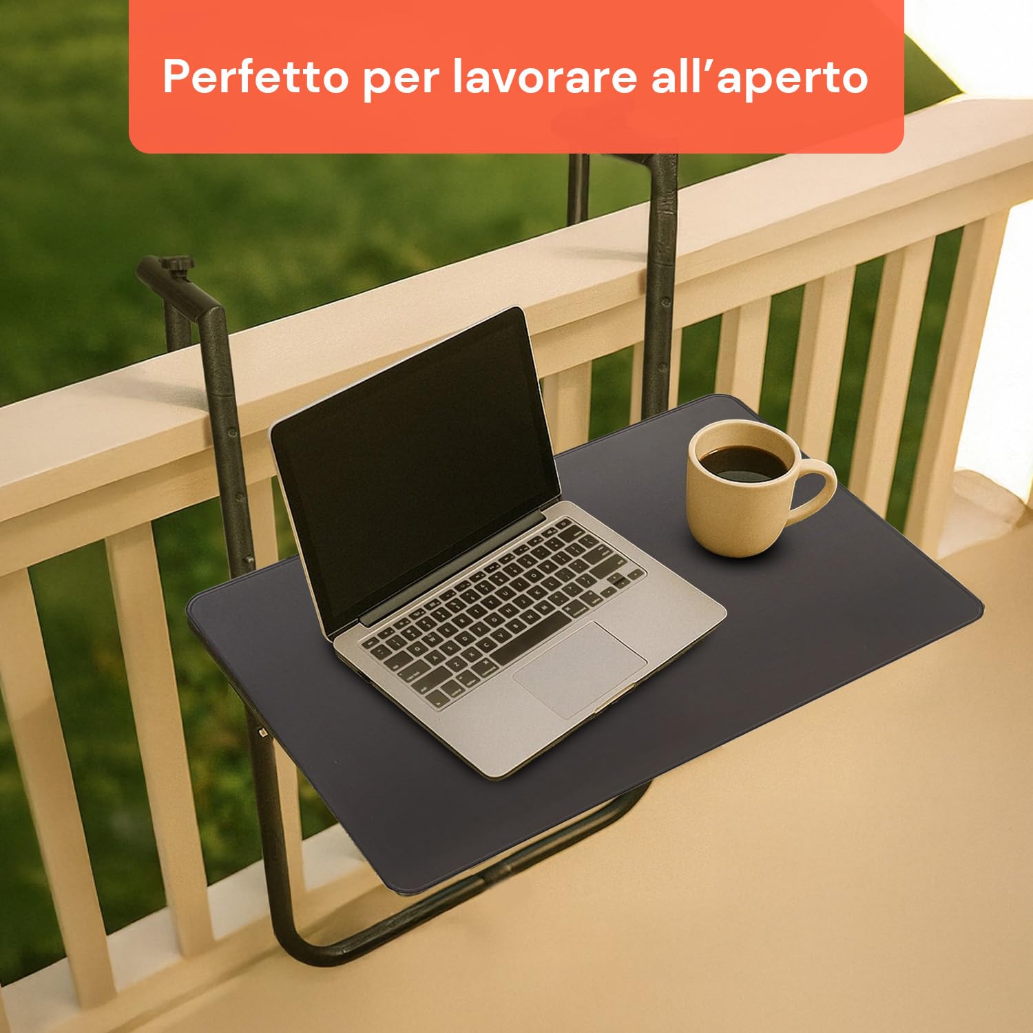 Avilia Tavolino Pieghevole da Balcone e Terrazzo con Struttura in Metallo, Ripiano in Acciaio, Regolabile e Salvaspazio - Tavolo da Ringhiera Pieghevole per 2 Persone
