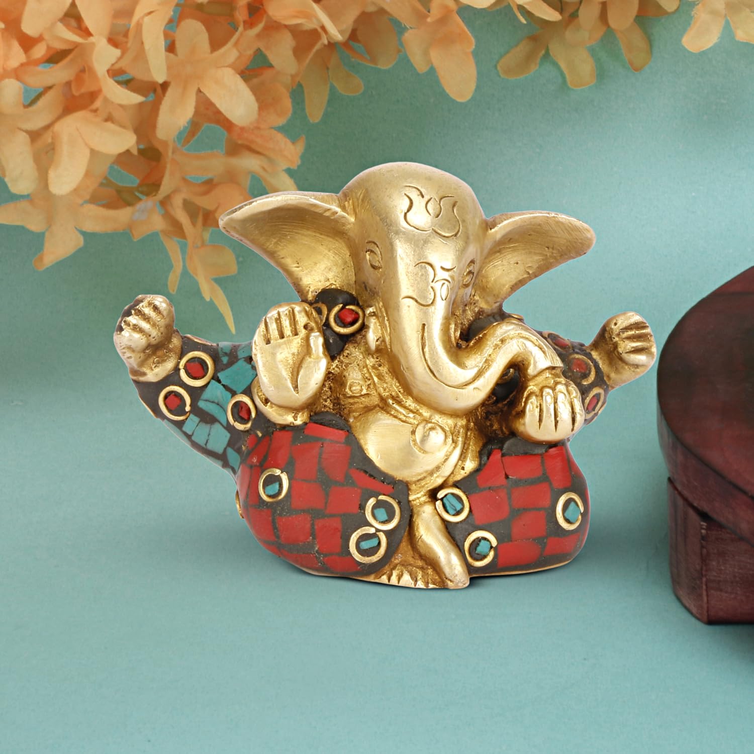 Seigneur Appu Ganesh en laiton certifié pur avec pierre de tortue gravée, (idole de 5 cm pour la maison) | Ganesh Murti | Design pour bureau, voiture et décoration d'intérieur |