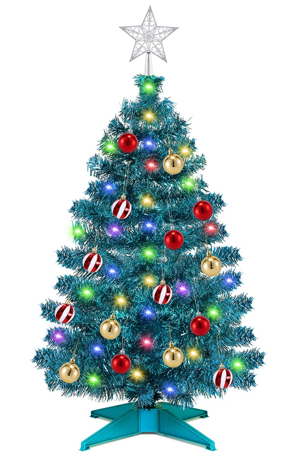 [ Timer & 12 Modes ] 3 Ft Blue Christmas Tree with DIY 50 Warm White & Multi Color Lights 15 Ball Ornaments 3D Star Remote Control Battery Operated Pencil Full Tree Xmas Christmas Decorations Table