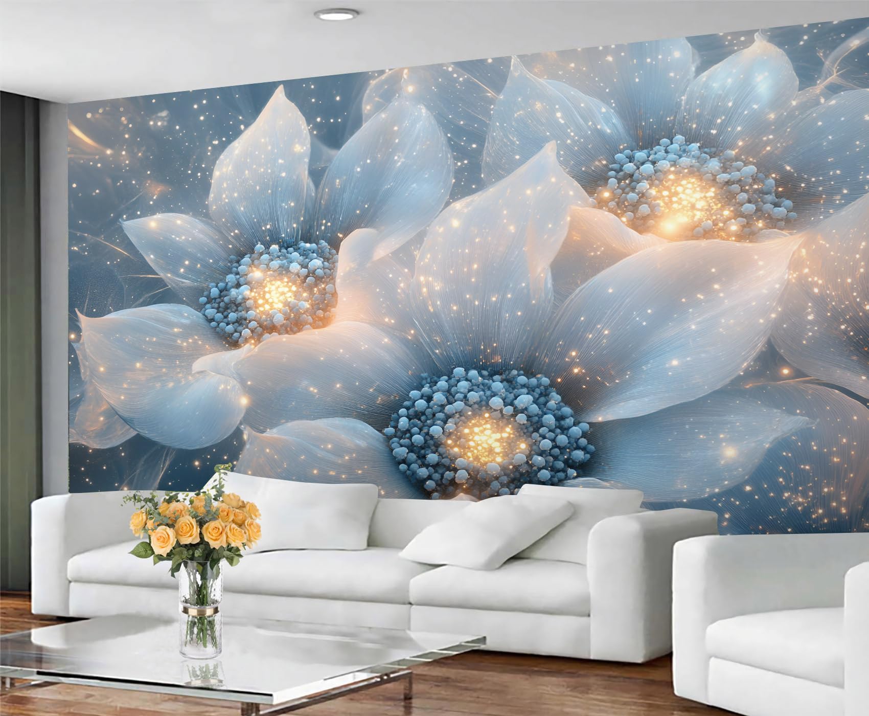 GIVLWF Wallpaper Flowers Home Decor & Wall Mural, Blue Botanical Bedroom Wallpaper, Magical Floral Wall Paper for Living Room, Nature Large Mural - Not Self-Adhesive
