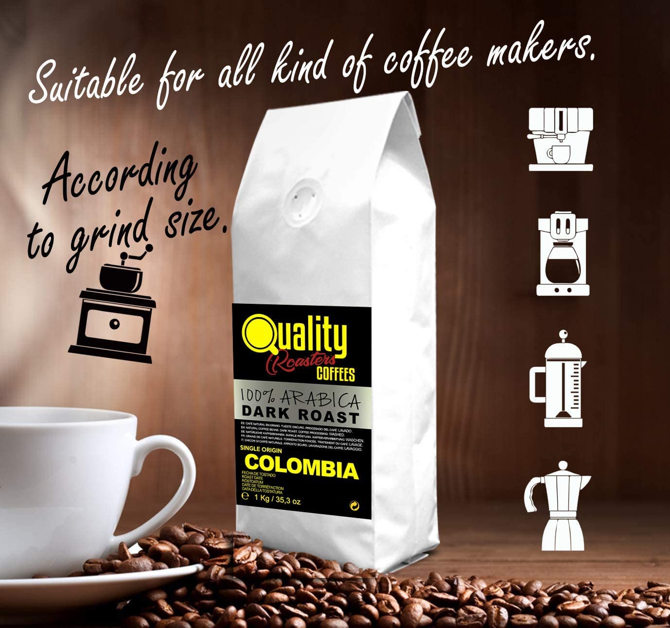 Café en grano natural. Dark Roast. 100% Arabica. Origen único Colombia. Tostado artesanal. Tueste Oscuro. (2 Kg, Chocolate)