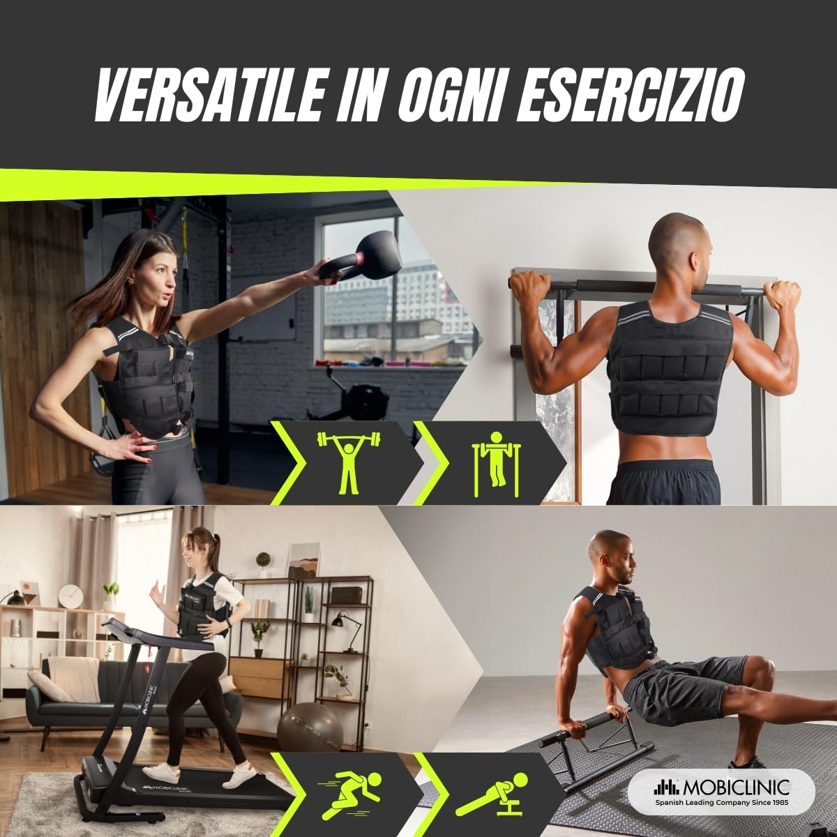 Mobiclinic®, Gilet Con Zavorra, 10/20kg, Regolabile, Tessuto Oxford 600D, Peso Incluso, Strisce Riflettenti, Gilet con Zavorra Per Aumentare Il Carico E L'intensità Dell'Allenamento, Iron