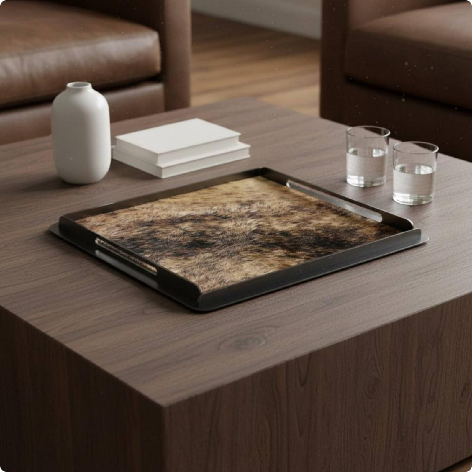 Bandeja Decorativa Bandeja Organizadora Bandeja de Exhibición Bandeja de Servicio con Combinación de Acero Inoxidable y Superficie Elegante Piezas, Crin Marrón