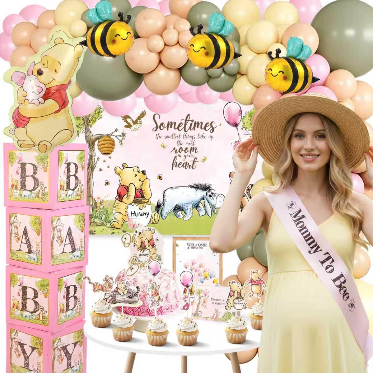 271 Pc Classic Winnie Baby Shower Decorations for Girl –All-In-1 Pink Pooh Baby Shower Balloon Arch, Vintage Pooh Bear Theme Party Decoration Kit with Backdrop, Banners, Baby Boxes, Sash & Table Décor