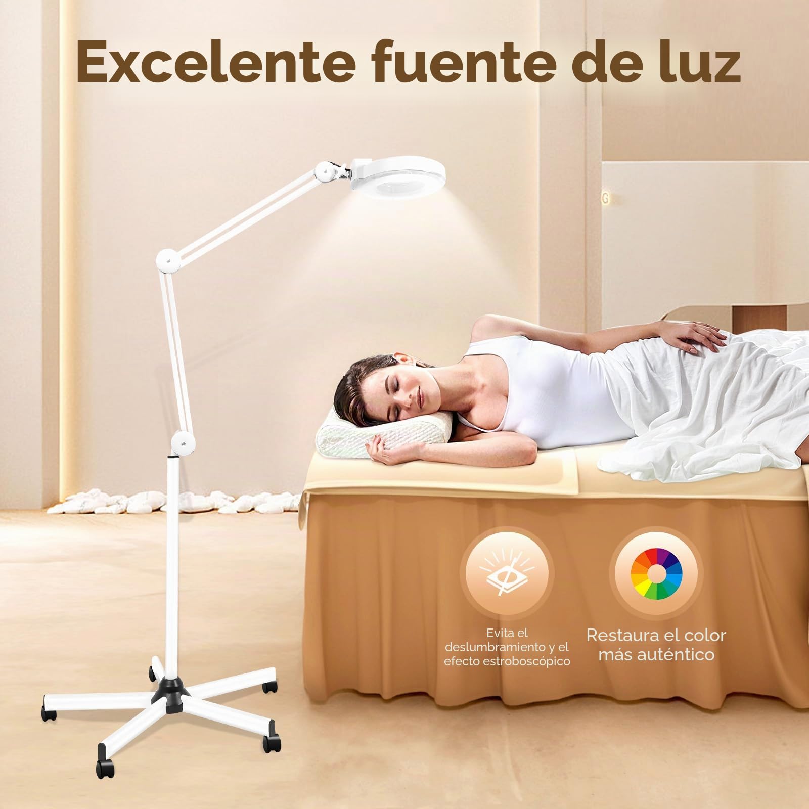 Lámpara de lupa de pie, lupa de pie, con iluminación rotativa de 180° con ruedas, lámpara lupa profesional, lámpara estética, 5 veces la tasa de ampliación(blanco)
