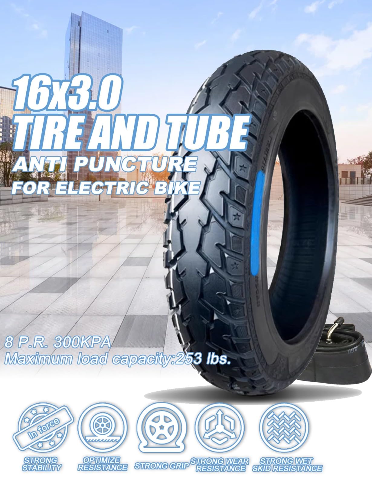 Set di pneumatici e camere d'aria per bici elettrica 16 x 3,0 76-305, design a 8 livelli, 16 x 3,0, antiforatura, per bici elettrica con valvola piegata, camera d'aria compatibile con E-Bikes Dirtbike