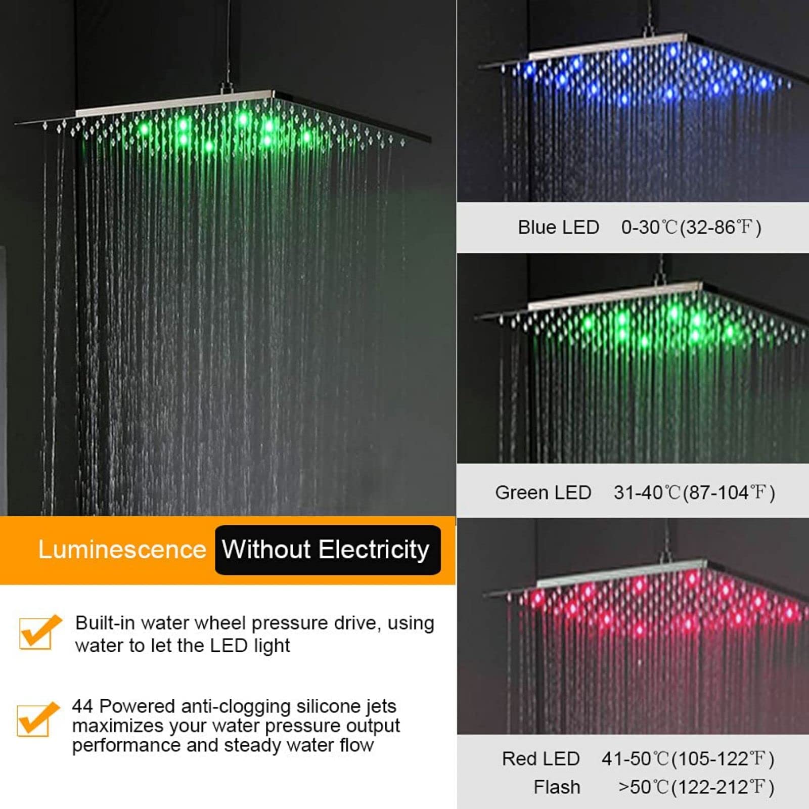 Rubinetti, Rubinetto/Secchiello, Set di rubinetti per doccia a LED, Set combinato doccia a incasso, Set combinato miscelatore pioggia con soffione doccia a pioggia da 12 pollici montato a soffitto, D