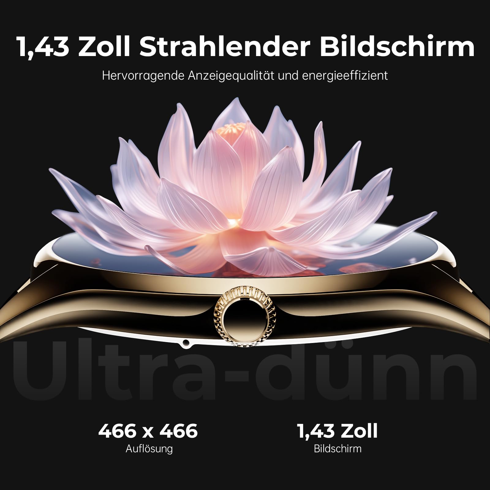 Smartwatch Damen mit 1,43" AMOLED Touchscreen, Fitnessuhr mit Schrittzähler 120+ Sportmodi IP68 Wasserdicht Puls/SpO2/Menstruationszyklus/Schlafmonitor für iOS und Android, Roségold Weiß