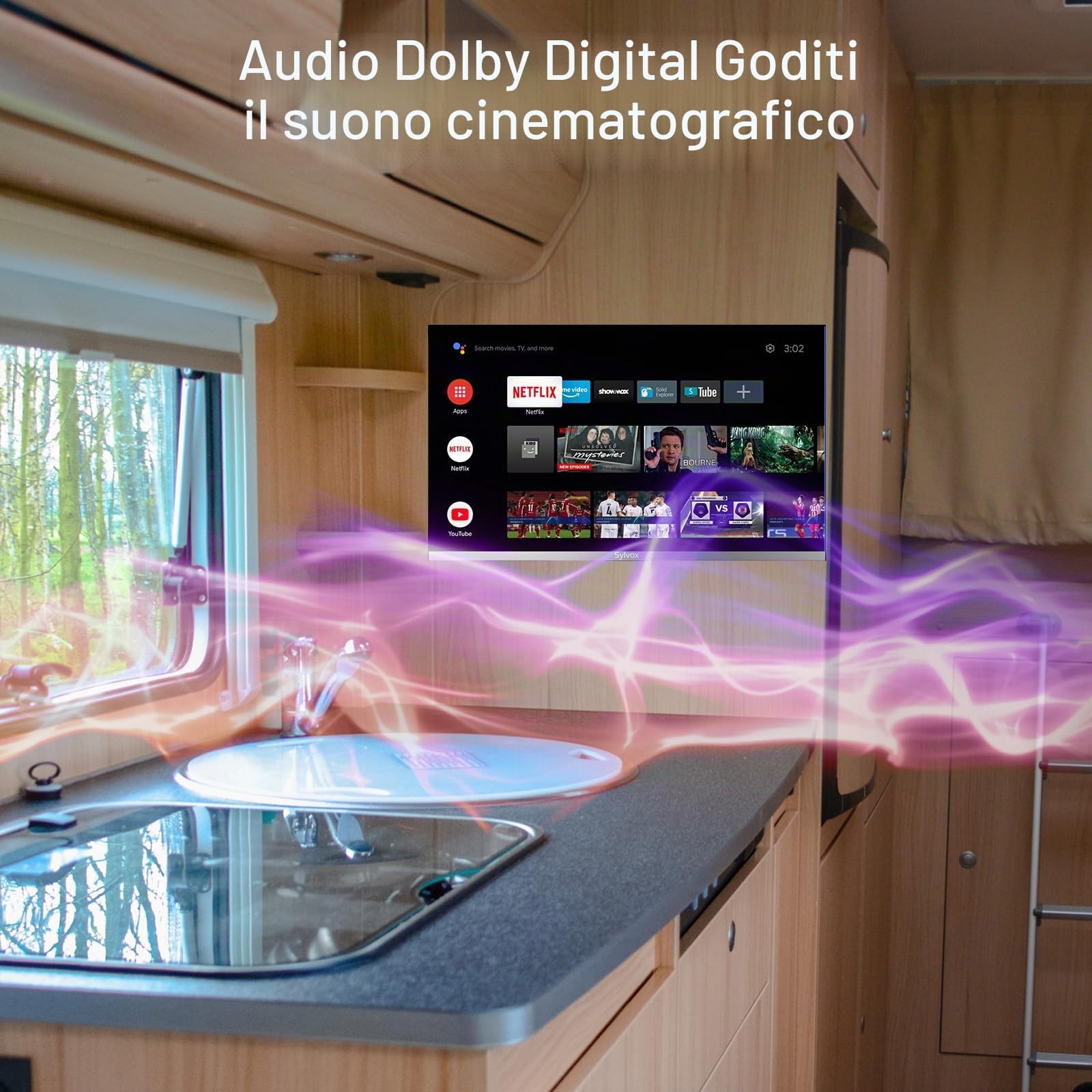 SYLVOX 22" Smart Google 12V TV per Camper, 1080P, Lettore DVD Integrato | Ampia Tensione 100-240V,Design Senza Bordi,Triple Tuner DVB-S2/T2, HDMI/USB,HEVC 10, Ideal per Roulotte, Caravans, Camion