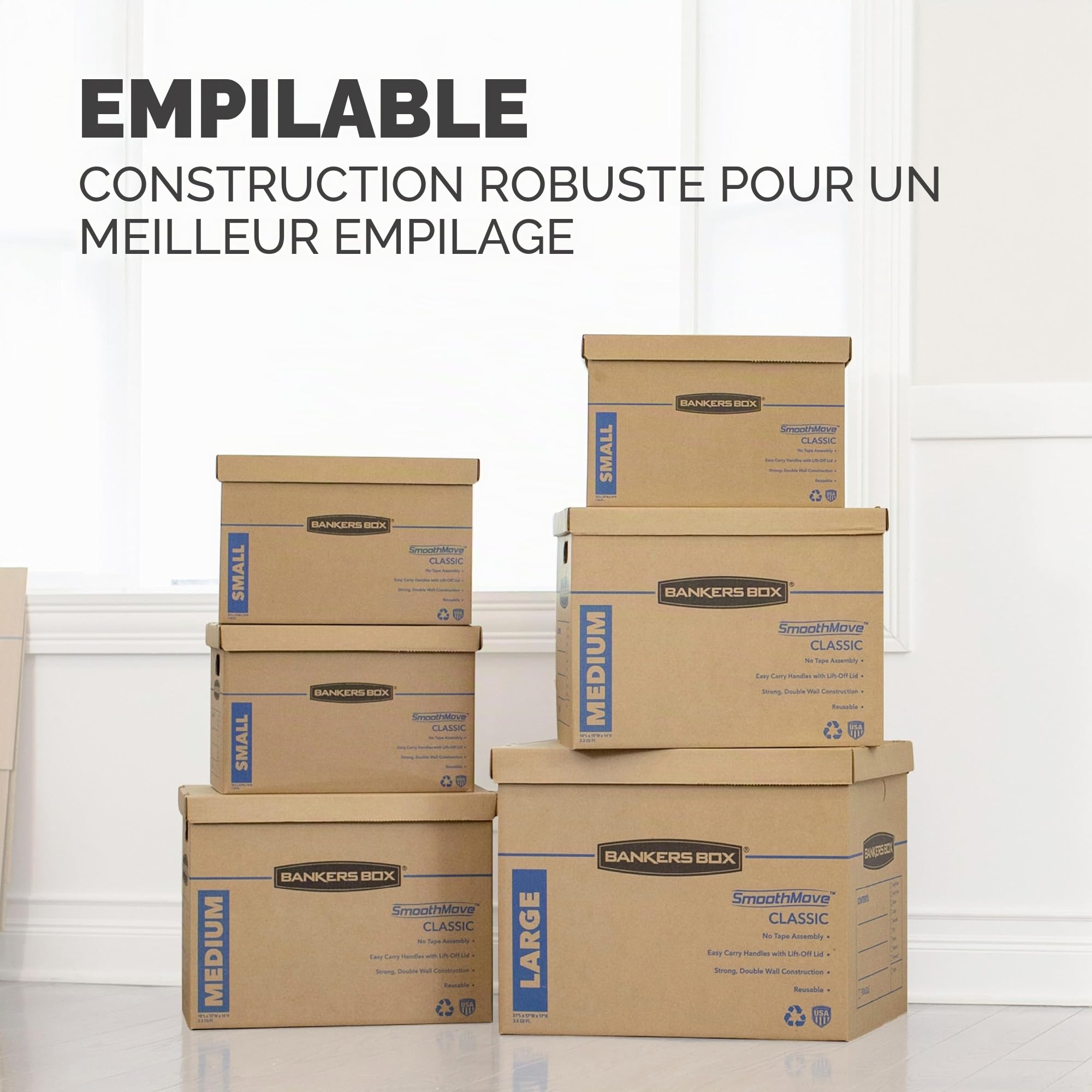 BANKERS BOX 7716401 Lot de 12 boîtes de déménagement classiques avec poignées renforcées, assemblage sans ruban adhésif, boîte avec couvercle, 8 petites et 4 boîtes moyennes