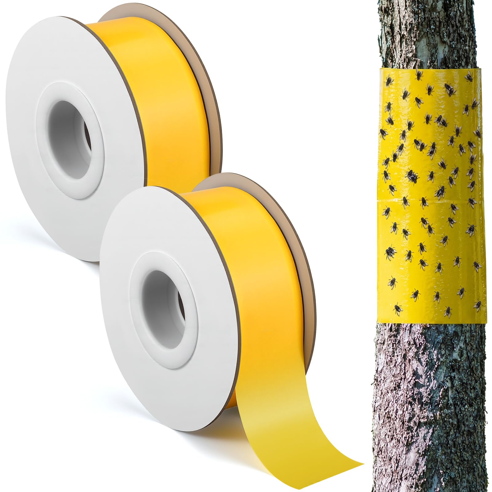 2 rollos de cinta adhesiva amarilla de doble cara para árbol, 2 pulgadas de ancho x 330 pies, trampa para moscas para interiores y exteriores, árboles, frutas, plantas, jardines, control de