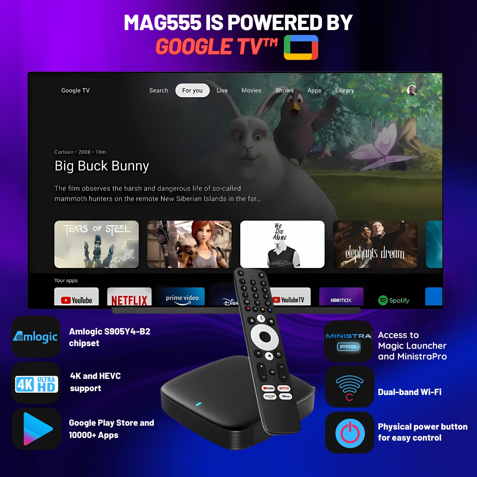Raxxio MAG555 Google TV Box – 4K HDR Android TV Media Player with Google TV OS, Dual-Band Wi-Fi, Bluetooth 5.0, and Voice Remote with Google Assistant