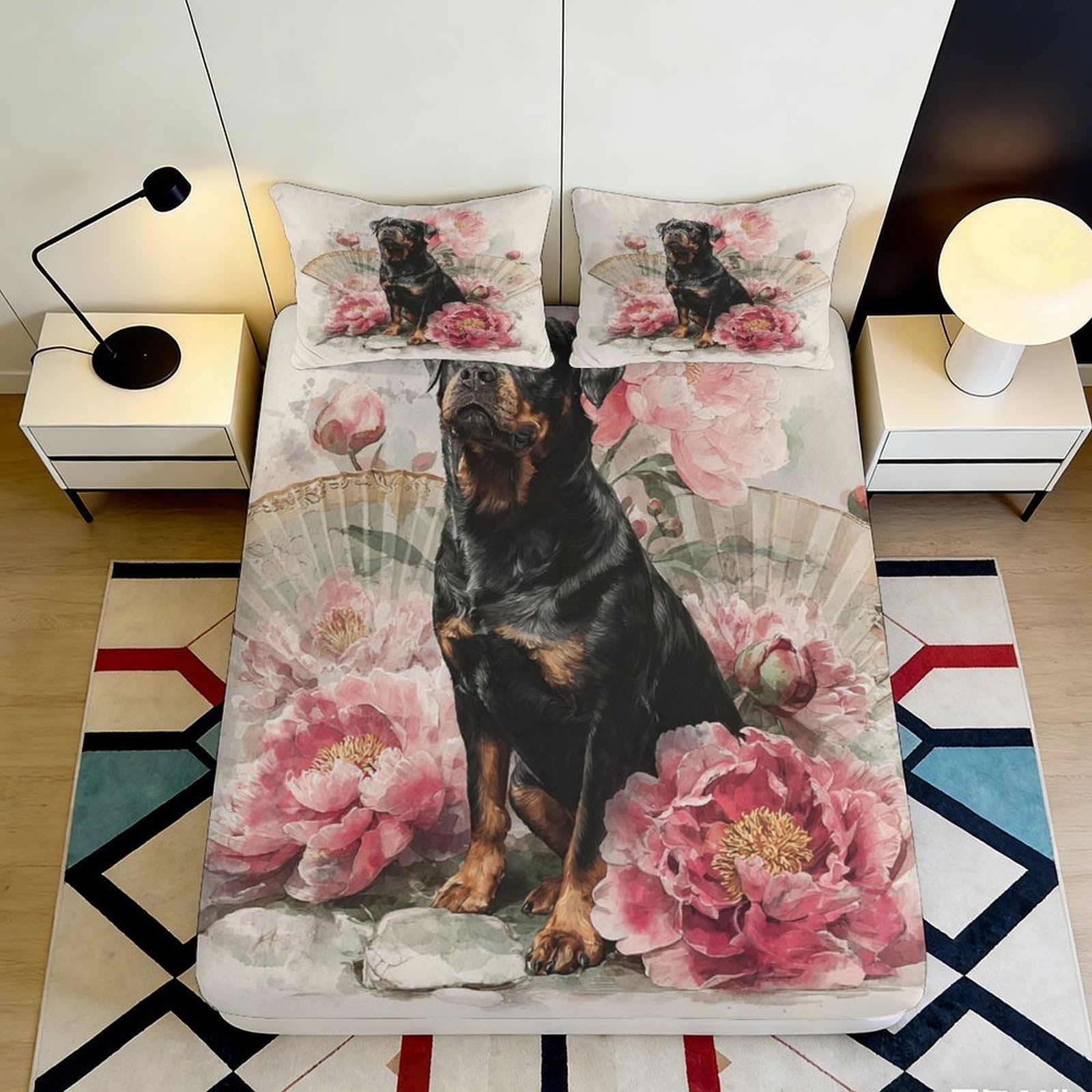 3D Printed Rottweiler Floral Fitted Sheet Microfiber Anti-Slip Bed Cover for Bedroom Guest Room Easy Care Decor 90x200x25cm