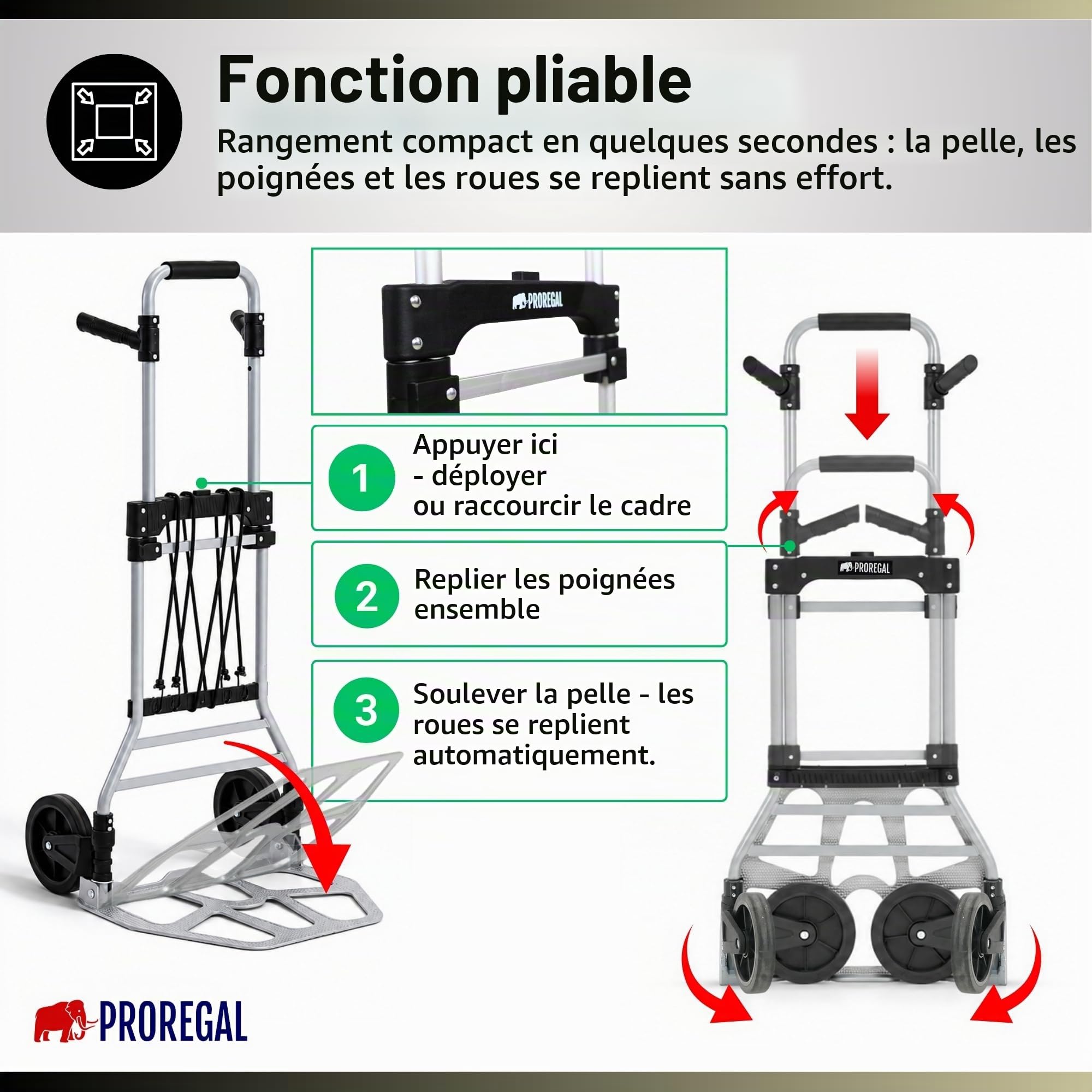 PROREGAL Diable Pliable Elephant | HxLxP 115x50x53cm | Capacité de Charge 150kg | Cadre en Aluminium, poignées ergonomiques, Roues en Caoutchouc TRR | Argent
