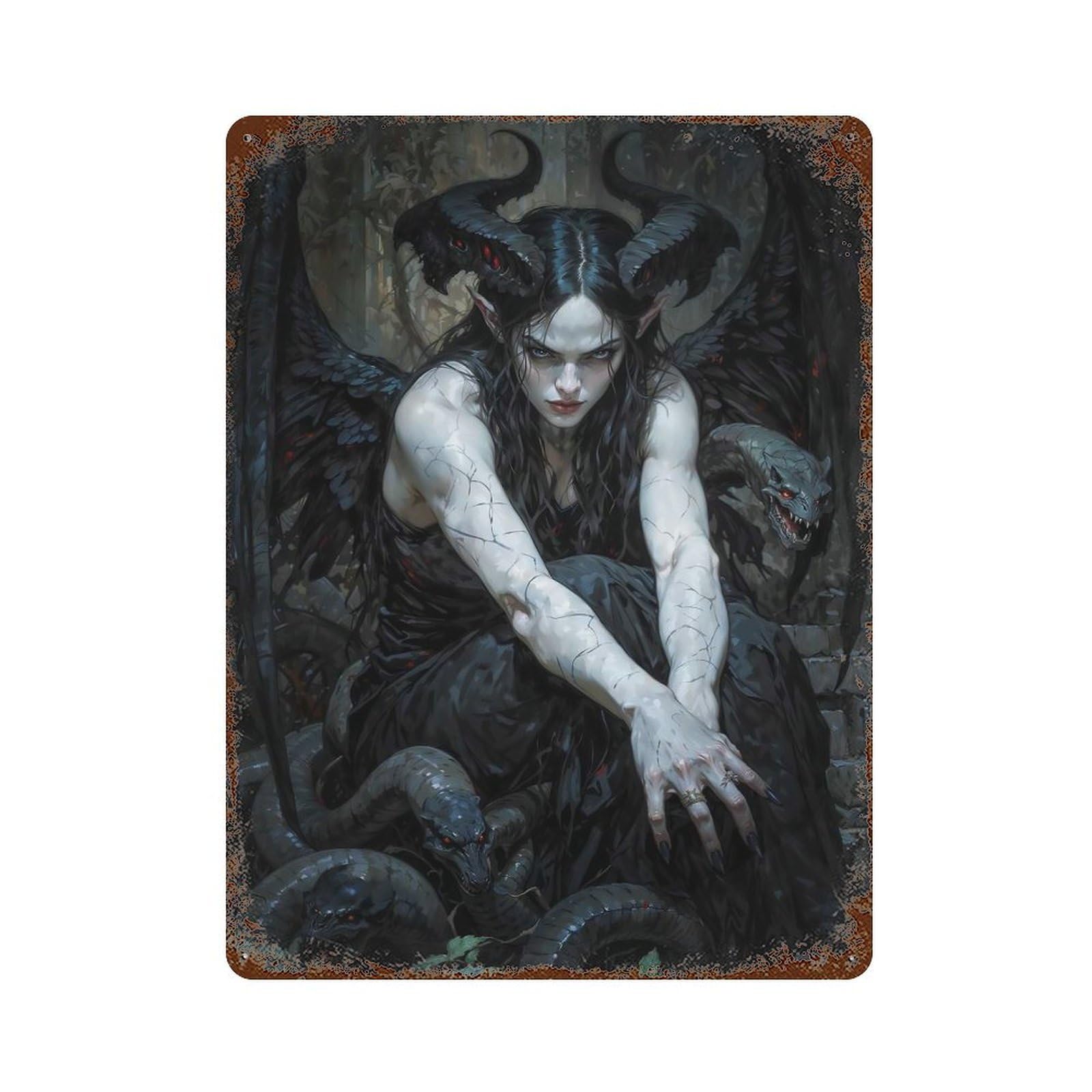 Garage Style Wings of The Nocturne Serpent, Lilith Aged Metal Wall Plaque 15.7"x11.8", Farmhouse Wall Decor for Bar And Workshop