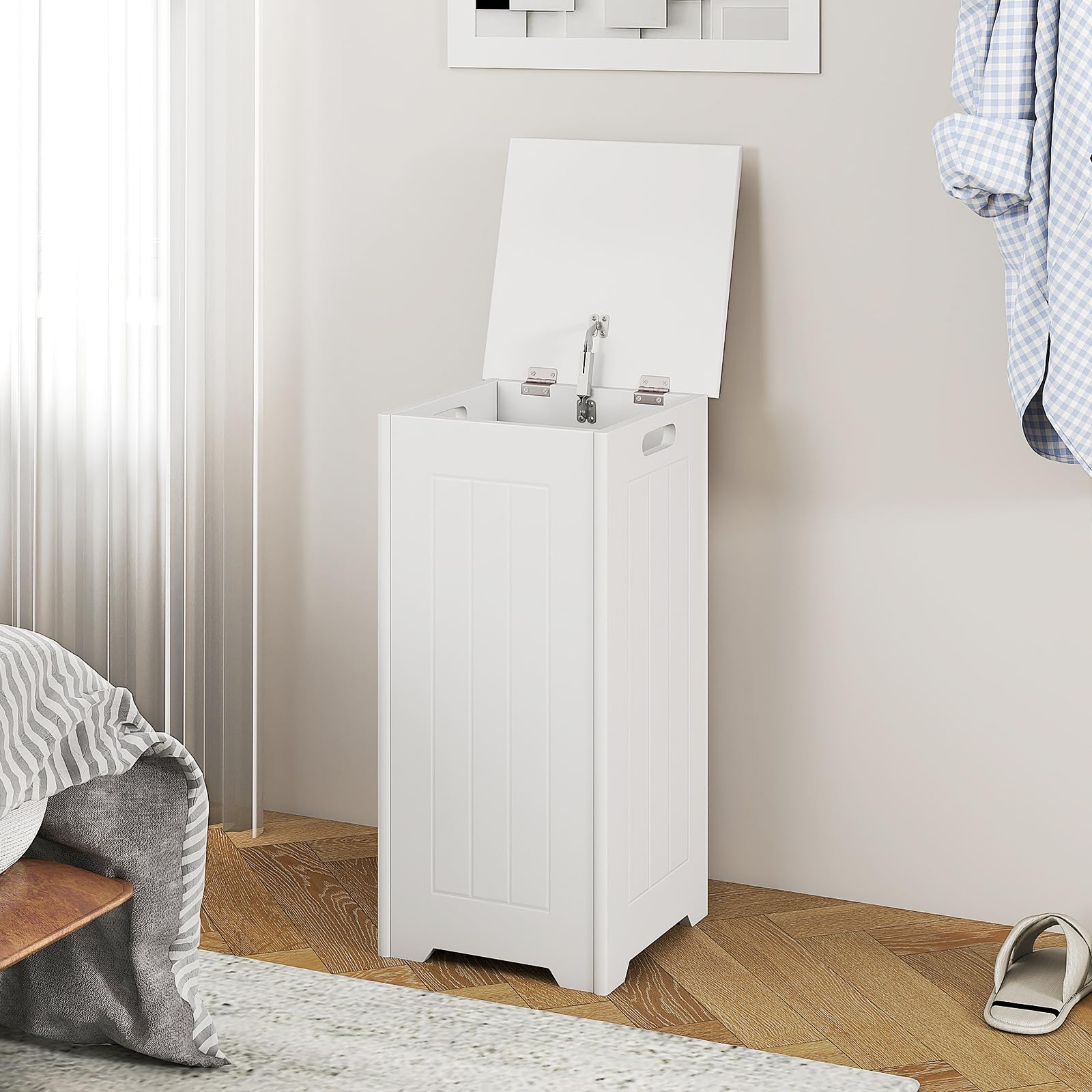 HOMASIS 35L/28L Secchio per Lavanderia da Bagno, Cesto Portabiancheria con Coperchio in Legno, Cesta Panni Sporchi Salvaspazio per il Bucato, 30 x 30 x 61 cm, Bianco (Modello 2, con Tasca)