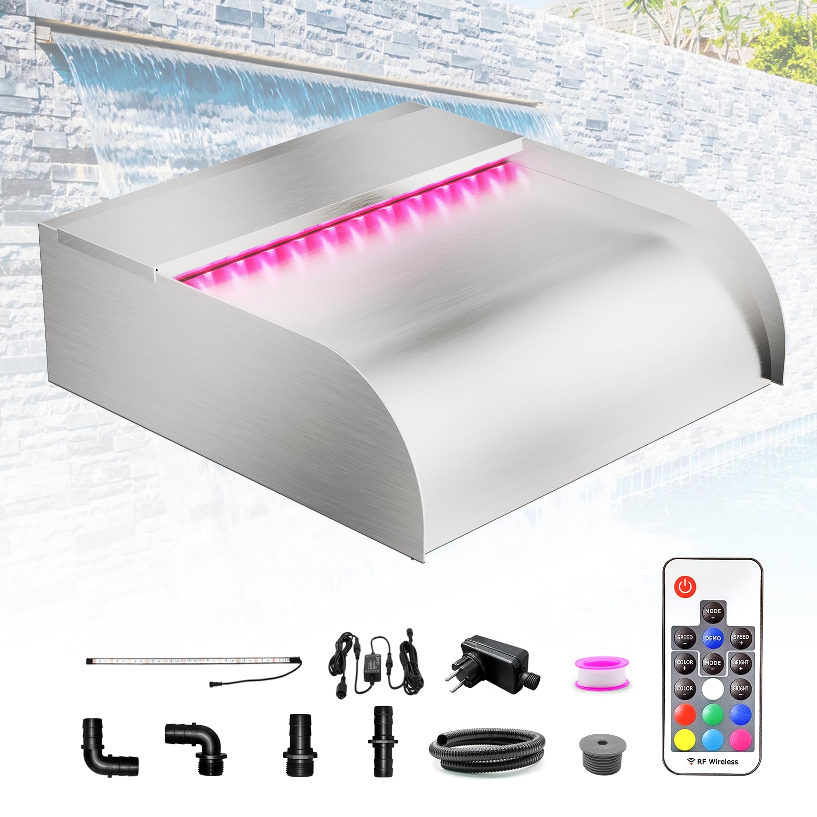 LONGRUN 30cm Teich Wasserfall Set,304 Edelstahl Pool Wasserfall mit RGB LED und Fernbedienung, Breite 31cm