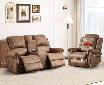 HAOMARKETS 2-Piece Power Reclining Sofa Set with Rivets for Living Room, Included Single Electric Massage Recliners and Loveseat 2-Seater Couch with Hidden Storage, Faux Leather Furniture Set, Brown