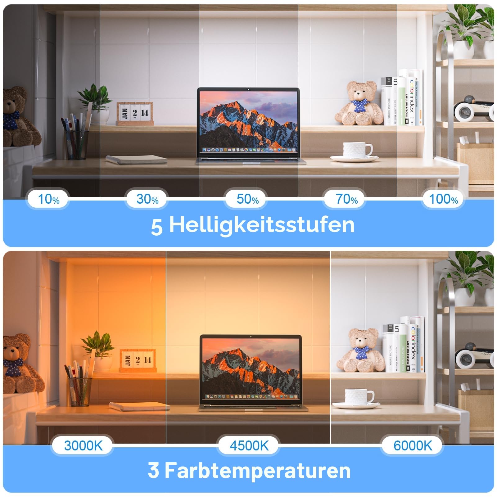 WILLED Unterbauleuchte Küche LED, 2500mAh Batterie mit Anzeige, 5W Touch Dimmbar Schrankbeleuchtung Kabellos, LED Lichtleiste mit Aufladbar, USB Küchenlicht für Spiegel, Schreibtische, Schränke
