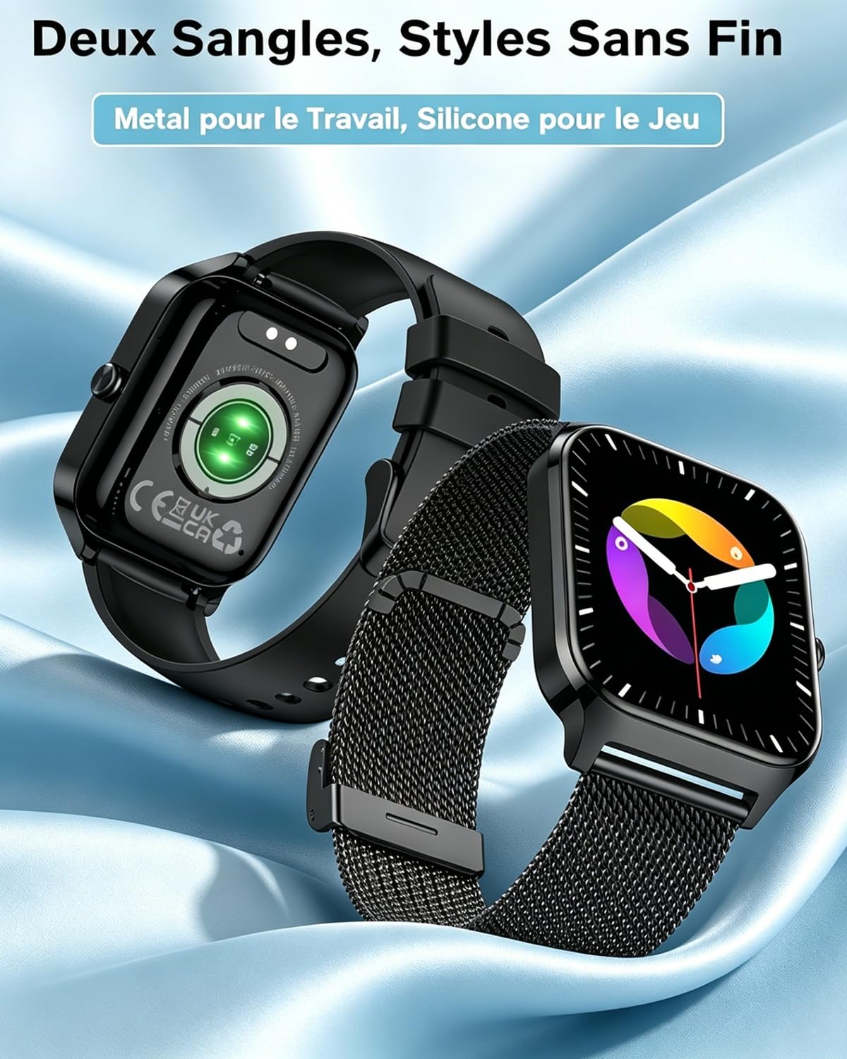 Popglory Montre Connectée pour Samsung Apple Android Phone, 1.85" Smartwatch Homme Femme avec Appel Bluetooth, Tensiomètre, Fréquence Cardiaque, SpO2, Stress, Sommeil, Podomètre, 100+ Sports, Cadeau