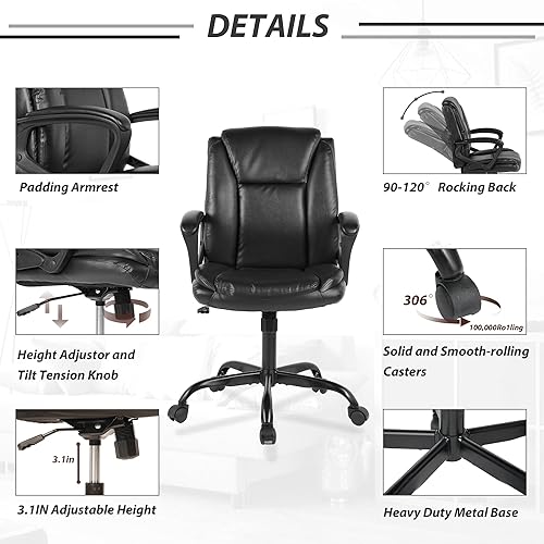 Miniatura 5 de Silla de oficina, silla de escritorio ejecutiva con soporte lumbar, silla de computadora de cuero sintético con respaldo medio con inclinación