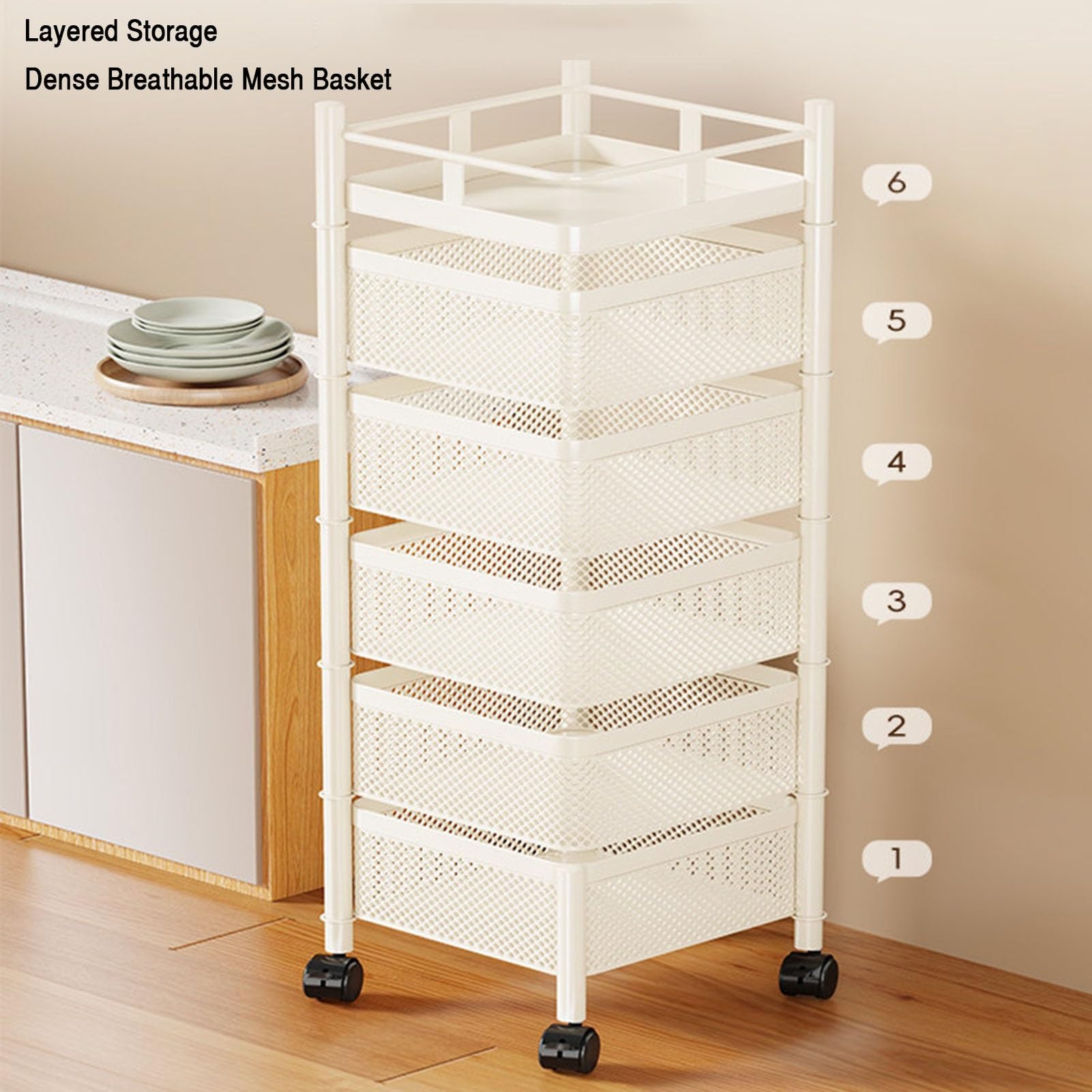 Cesto portaoggetti girevole, scaffale multistrato per cucina e bagno, organizer girevole a 5 ripiani per frutta e verdura con ruote, design salvaspazio