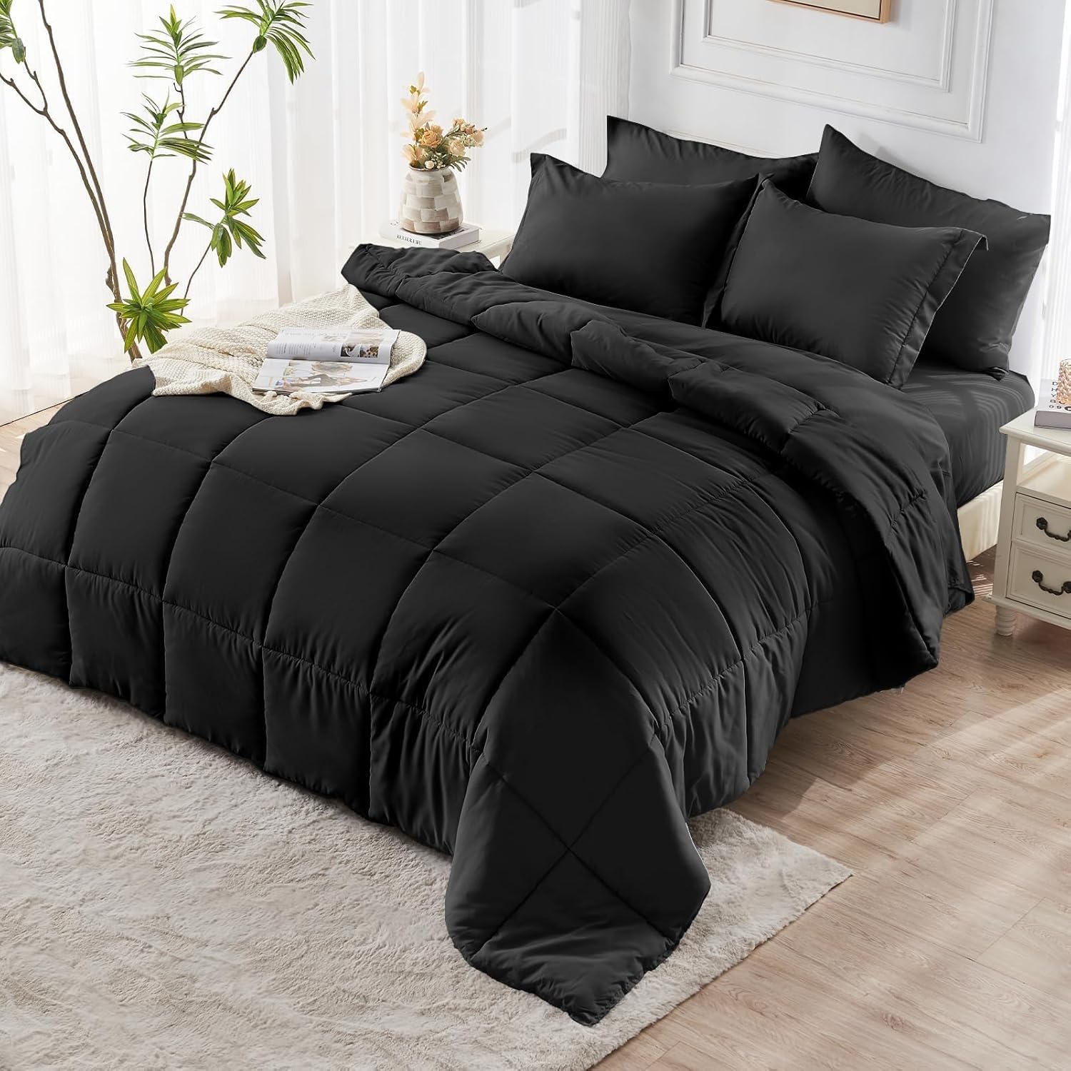 JOLLYVOGUE Queen Comforter Set, Ultra-Soft Bed in a Bag Queen Size 7 Pieces, Oeko-TEX Certified Bedding Set with Down Alternative Comforter, Sheets, Pillowcases & Shams, Black - Image 8